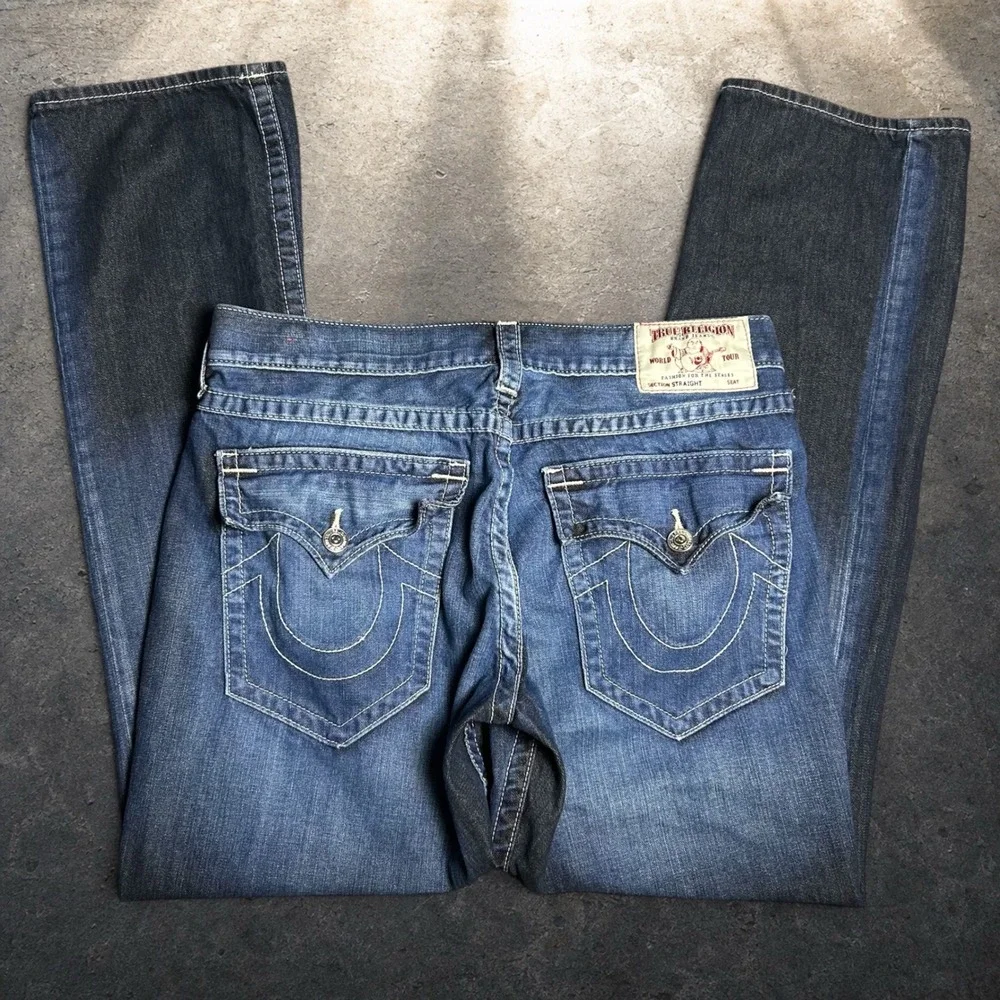True Religion Section Straight Blue Ombre Dip Dye Jeans Size 36 Y2K Skater Retro